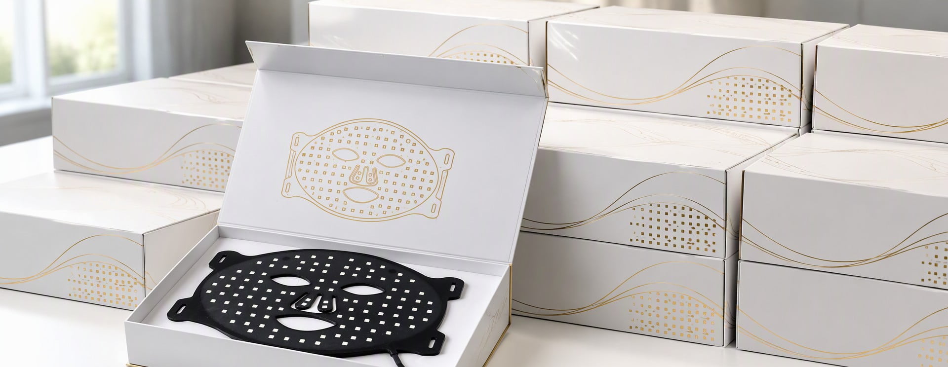 Rows of premium white gift boxes for LED face masks packed for wholesale shipment, one box open showing a black liquid silicone LED mask