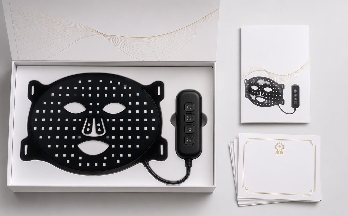 A complete LED face mask sample kit: mask, controller, manual and documentation