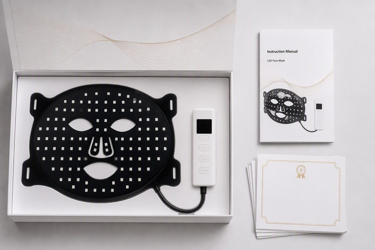 Wholesale sample kit: black liquid silicone LED face mask, black controller, manual and certificate documents in a white gift box