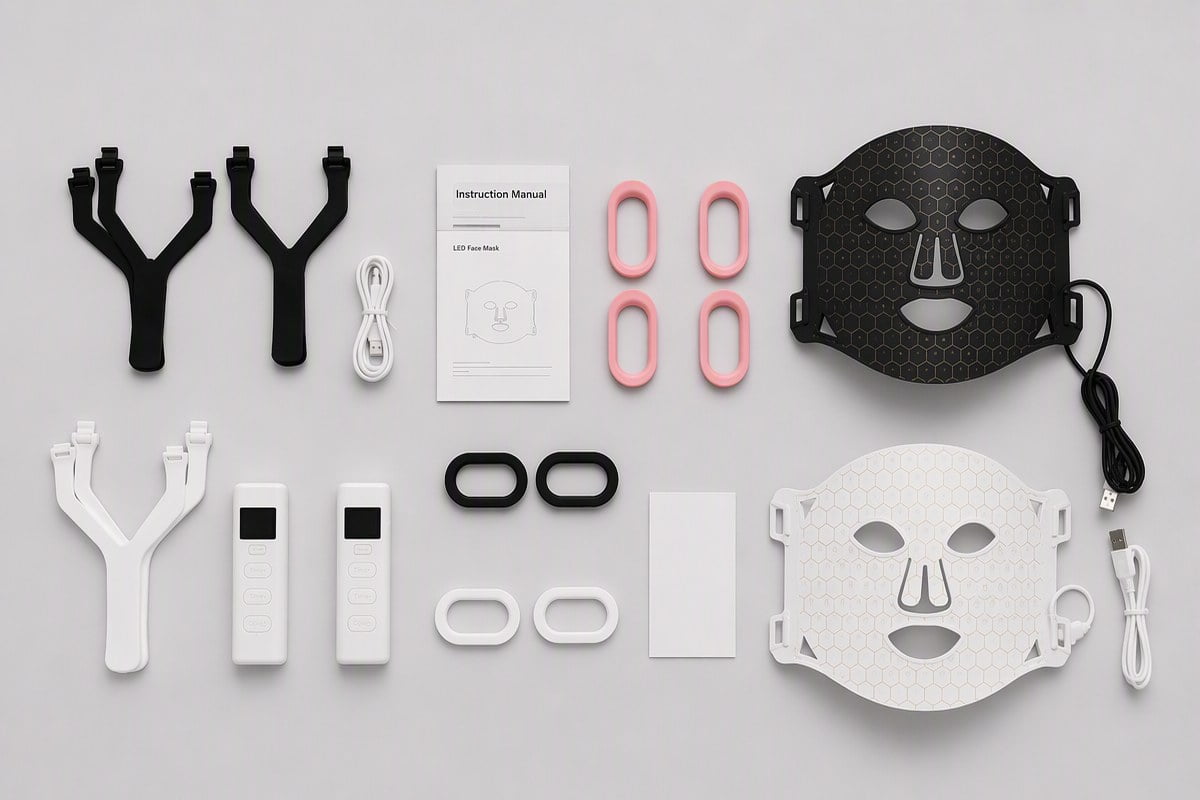 Full sample kit of an LED face mask: controllers, straps, eye shields, cables and manuals