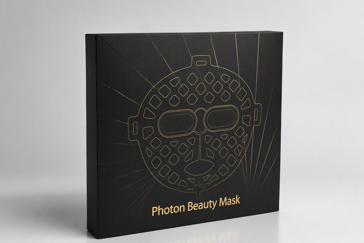 Standard export gift box for LED face masks, black with gold Photon Beauty Mask artwork