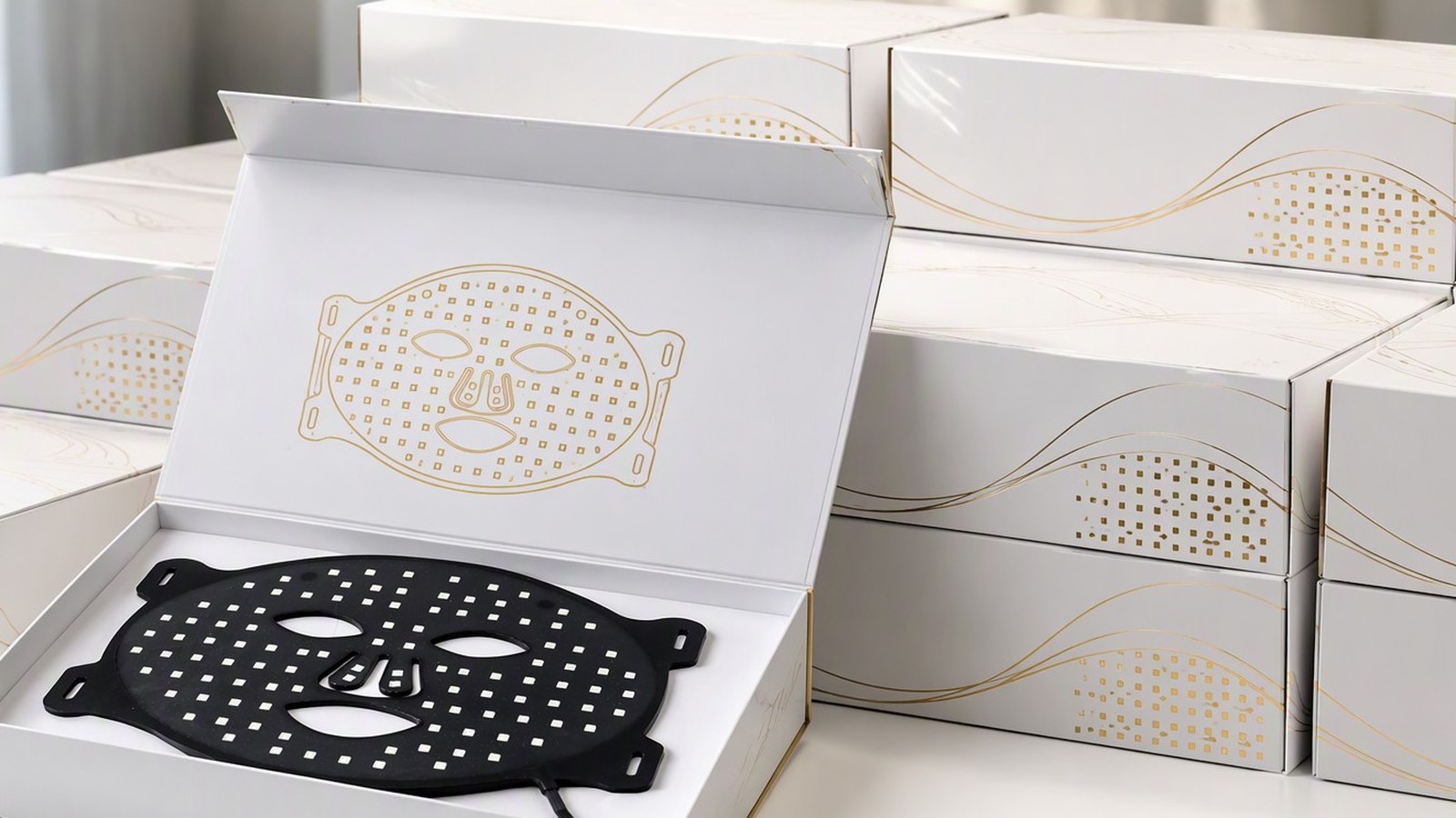 White gift boxes of a private label LED face mask first batch