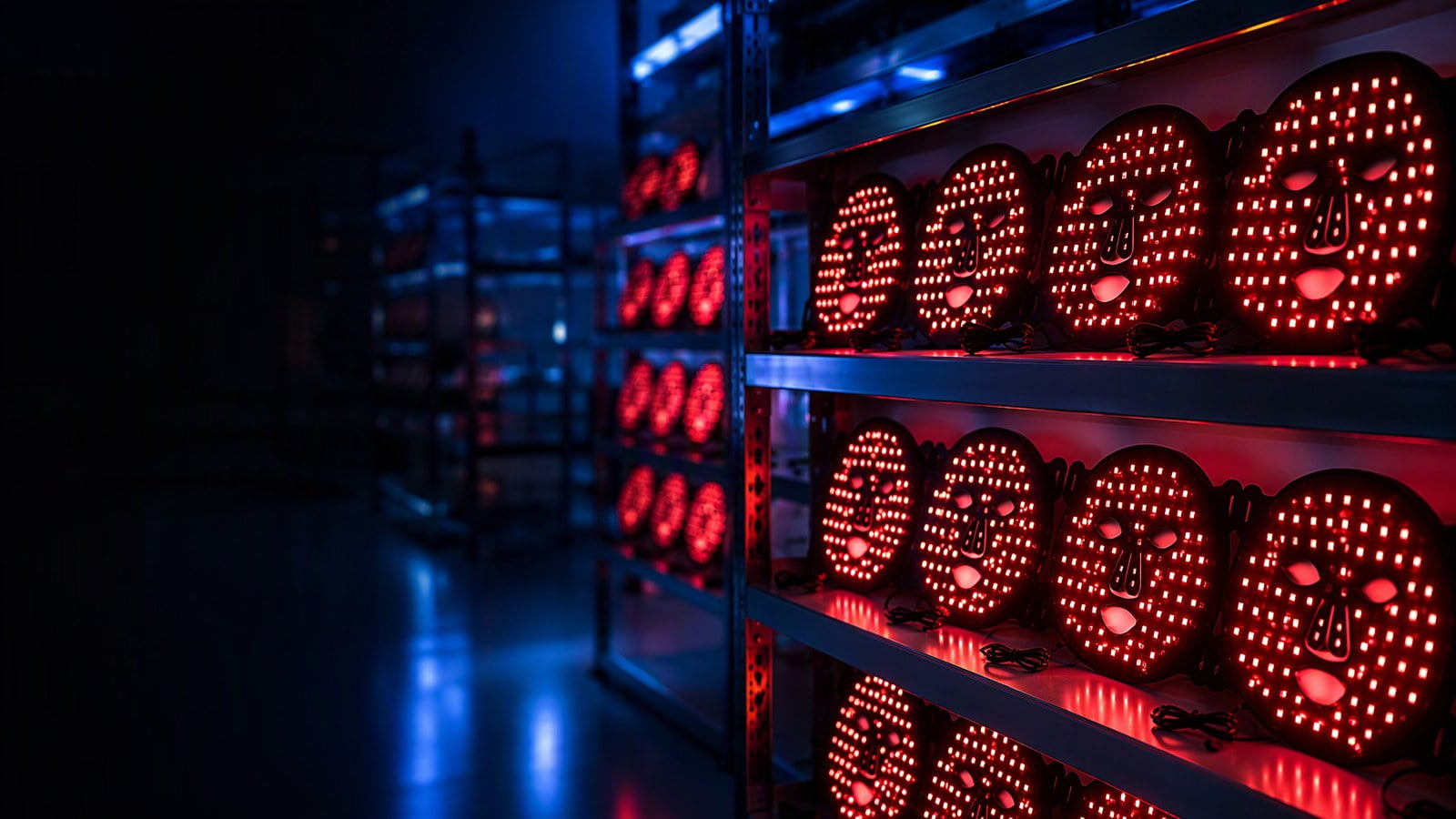 LED masks on a powered aging rack during quality control