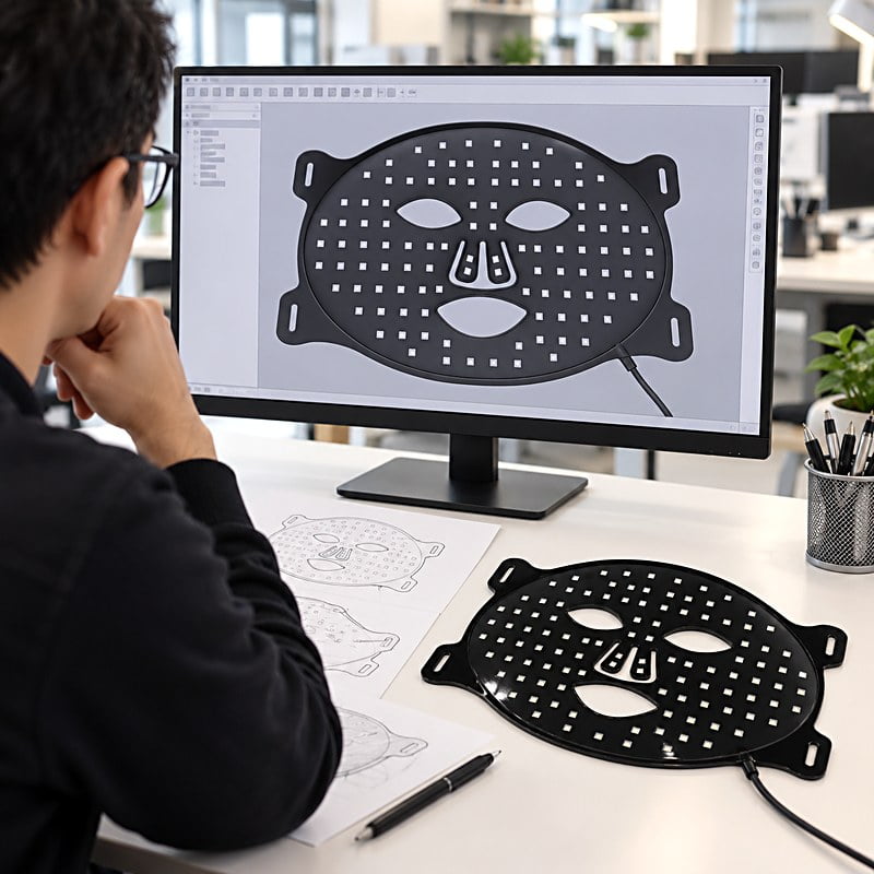 Engineer reviewing LED face mask CAD design with a physical sample on the desk